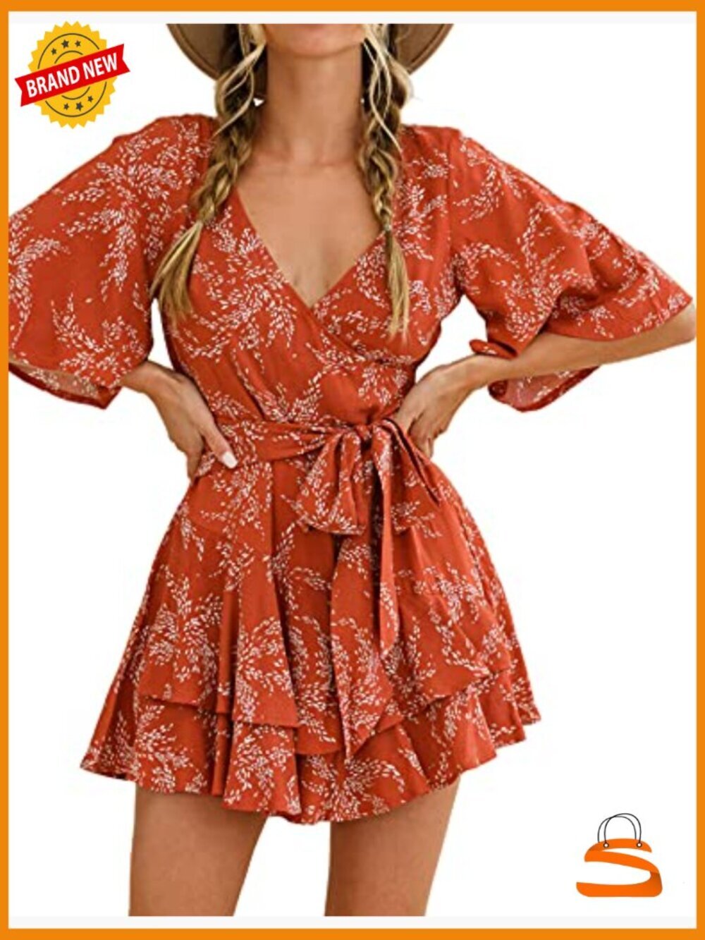 Short Flared Sleeve Romper Jumpsuit with Ruffle Hem - Picture 2 of 7